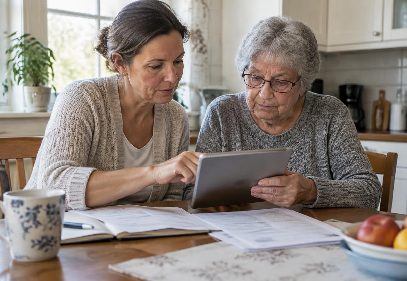 An adult helping an older family member read information at a kitchen table