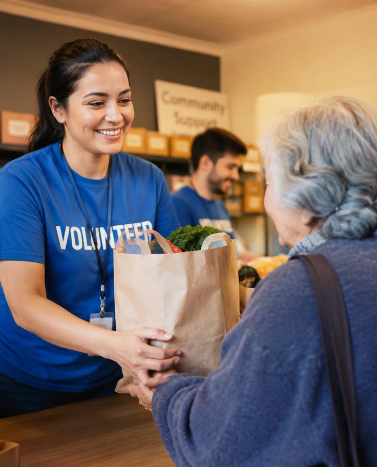 Volunteer handing groceries to a community member