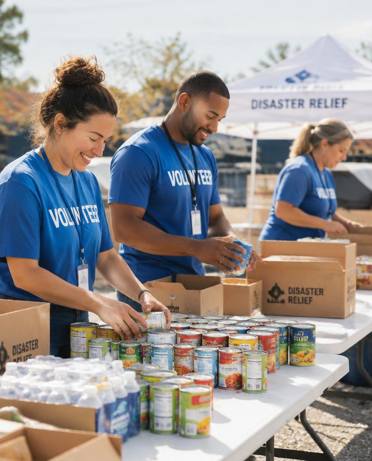 Volunteers sorting food and supplies at a distribution site