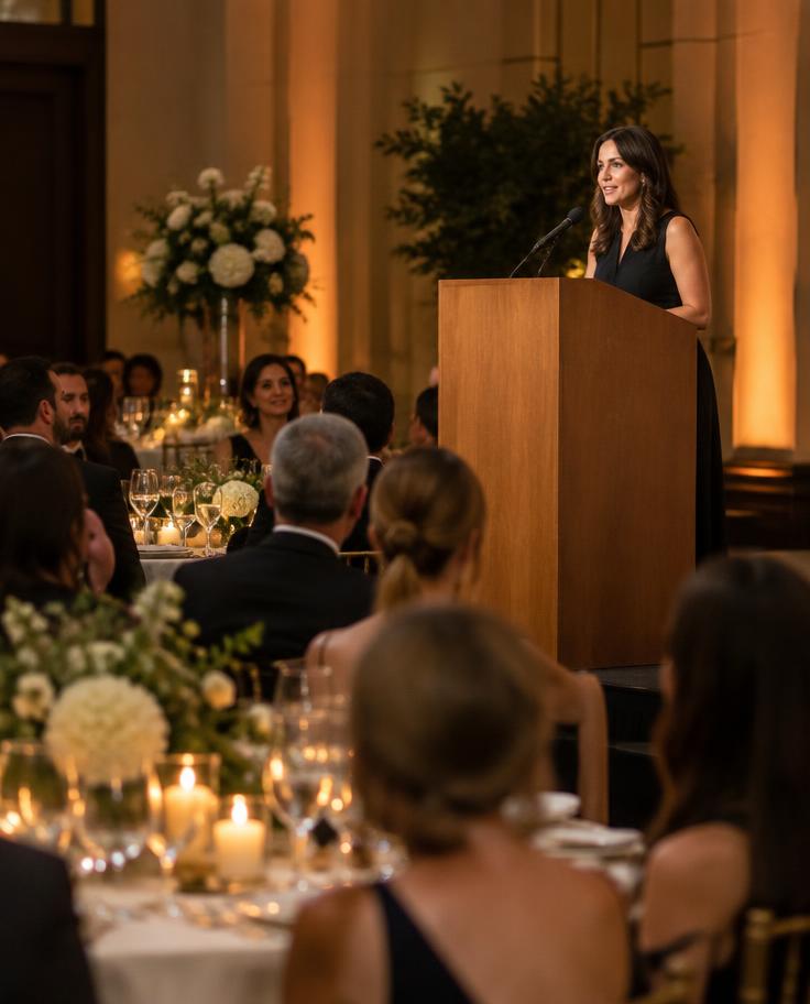 Speaker addressing supporters at a fundraising event