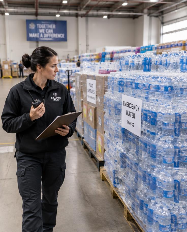 Logistics coordinator organizing emergency supplies in a warehouse