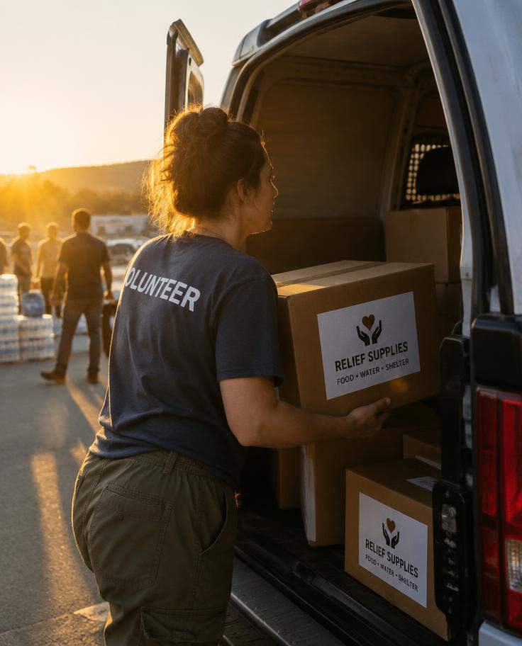 Volunteer loading relief supplies into a van