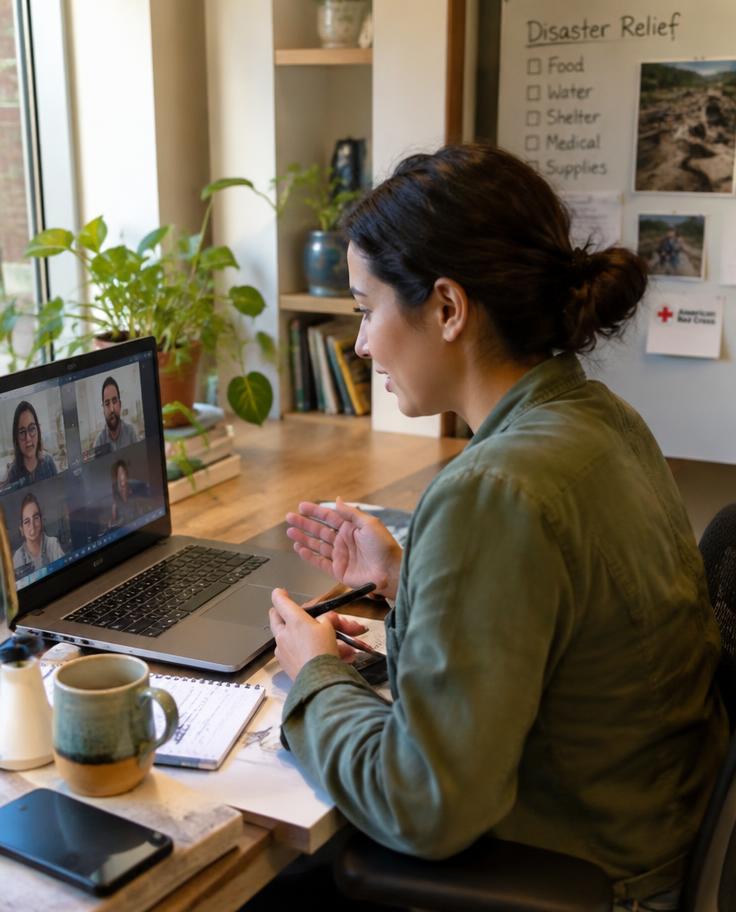 Remote volunteer coordinating relief work by video call
